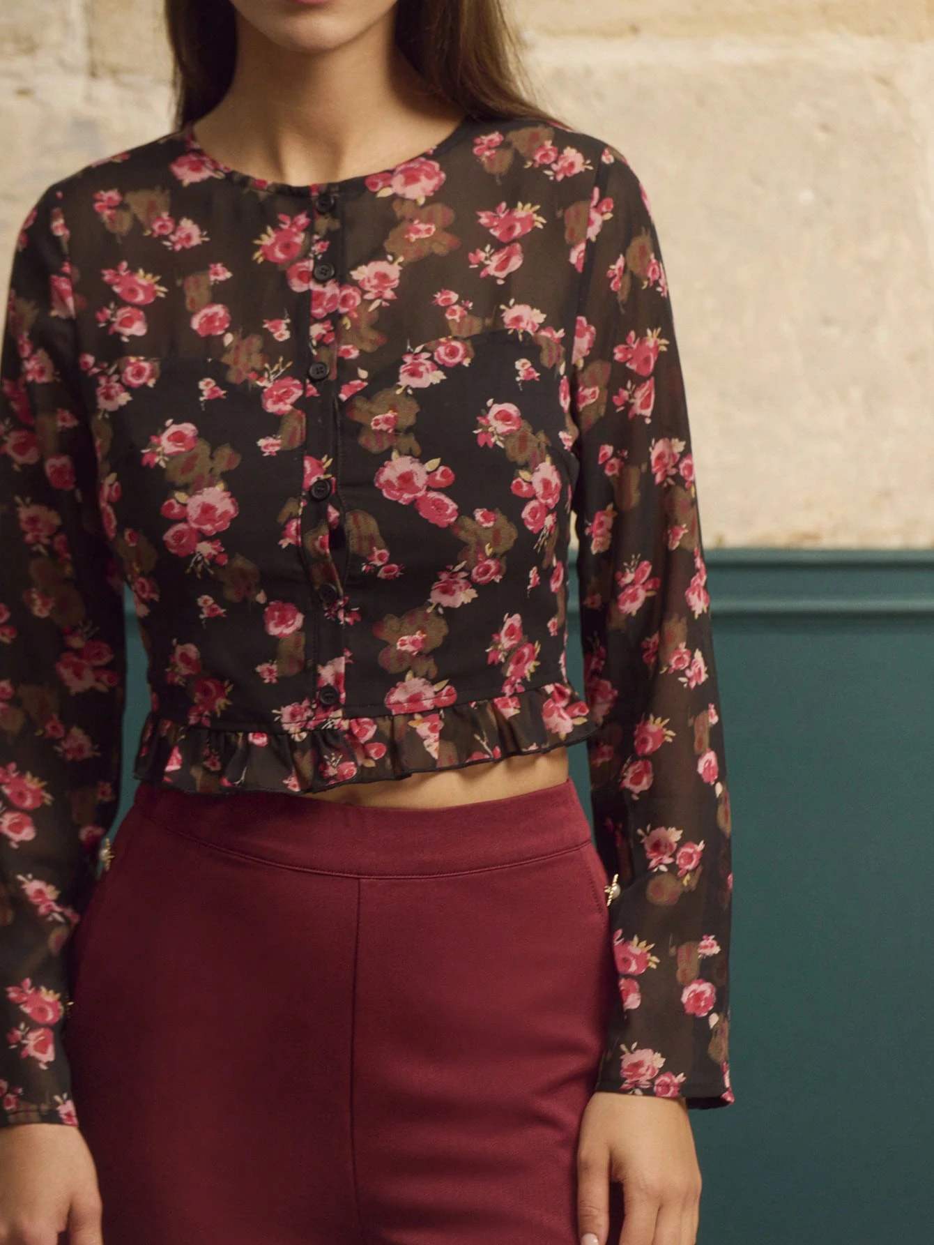 Top Vintage de Manga Longa com Estampa Floral Rosa, Bainha Peplum Babada, Estilo Outono Inverno