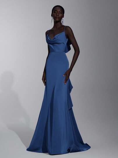 Elitara Elegante vestito da damigella d'onore con scollo a V profondo e rifiniture arricciate in colore unito