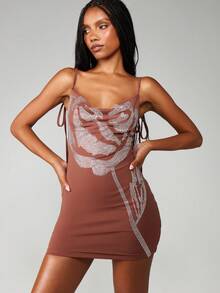 MISSGUIDED Diamante Rose Print Cowl Neck Bodycon Mini Dress Side Tie Detail Evening Party - Camel - View 1