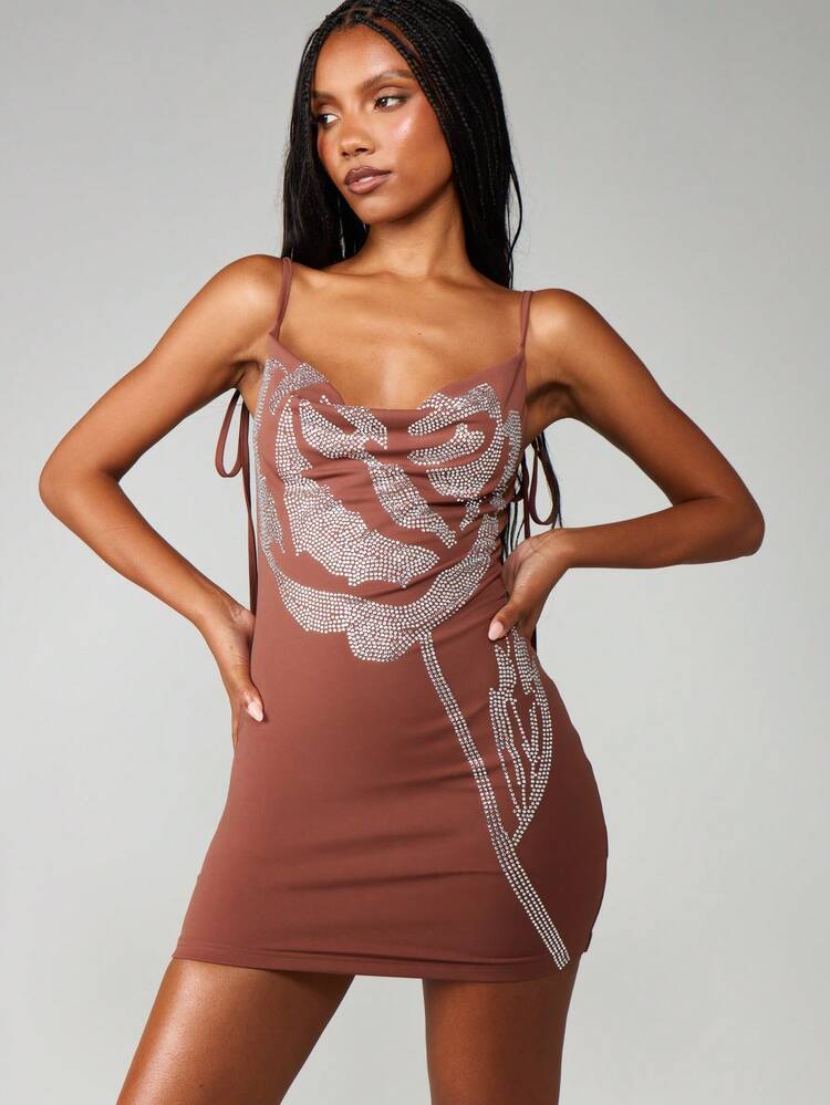MISSGUIDED Diamante Rose Print Cowl Neck Bodycon Mini Dress Side Tie Detail Evening Party