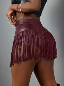 Slaydiva Plus Size Summer New Casual Street PU Tassel Elastic Skinny Shorts, Suitable For Music Festivals, Easter, Graduation Season, Daily Wear Women Shorts For Women Party For Women - D - Rust Brown - View 2