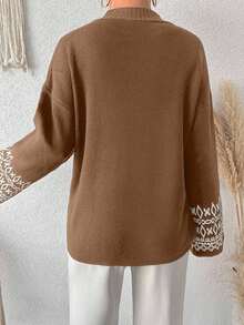 EURMUSE 女款落肩花卉印花立领毛衣，秋冬 - 駝色 - 查看 2