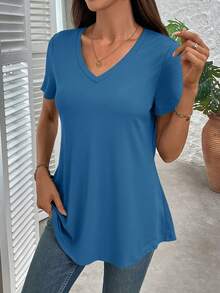 SHEIN Clasi Áo thun nữ tay ngắn cổ chữ V màu trơn đơn giản - Màu xanh lam - Xem 5