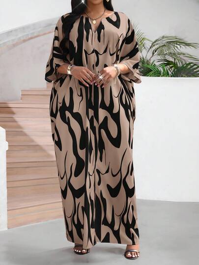 SHEIN Lady فستان كاجوال متوسط الطول بطبعة زهور فضفاض بياقة على شكل حرف V وأكمام ثلاثية الأرباع للنساء