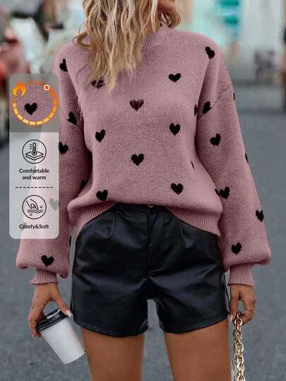 EURMUSE Heart Pattern Drop Shoulder Lantern Sleeve Crew Neck Knit Sweater,Jumper,Jumpers For Women,Cream Jumper,Jumpers,Christmas Jumper,White Jumper,Black Jumper,Ladies Jumper,Tall In Women,Women's Jumpers