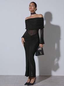 COSMINA Vestido elegante de mujer con hombros descubiertos, mangas acampanadas y drapeado en la Bottom, adecuado para el Día de San Valentín, citas, vacaciones, fiestas, invitados de boda