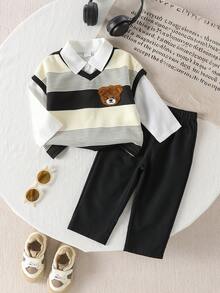 SHEIN 3 件套幼儿男童服装套装：1 件白色长袖纽扣衬衫、1 件黑色心形领条纹针织背心、1 条黑色梭织长裤，适合初秋、学校、休闲、度假 - 彩色 - 查看 8