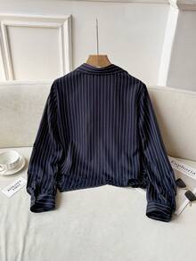 Modelyn 女式长袖领口系带收腰条纹休闲衬衫