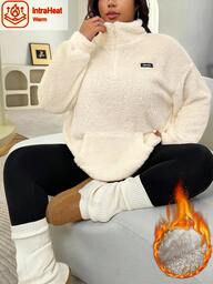 Solflare Plus Size Women Zip-Up Letter Graphic Fleece Casual Hoodie, Autumn/Winter