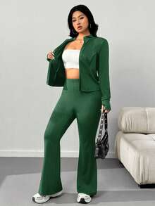 SHEIN EZwear 大码休闲轻便瑜伽夹克和喇叭裤两件套 - 墨綠色 - 查看 6