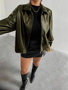 Firerie Plus Size Women Black Long Sleeve PU Leather Jacket/Winter Green - Green - View 8