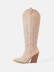 Styleloop Women's Black Patchwork Tall Boots, Western Style Stacked Heel Pointed Toe Boots, Suitable For Party, Christmas, Halloween Outfits - Apricot - View 2