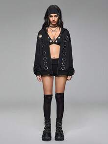 ROMWE Grunge Punk 女式重金属朋克风格索环连帽运动衫套装 - 黑色 - 查看 6