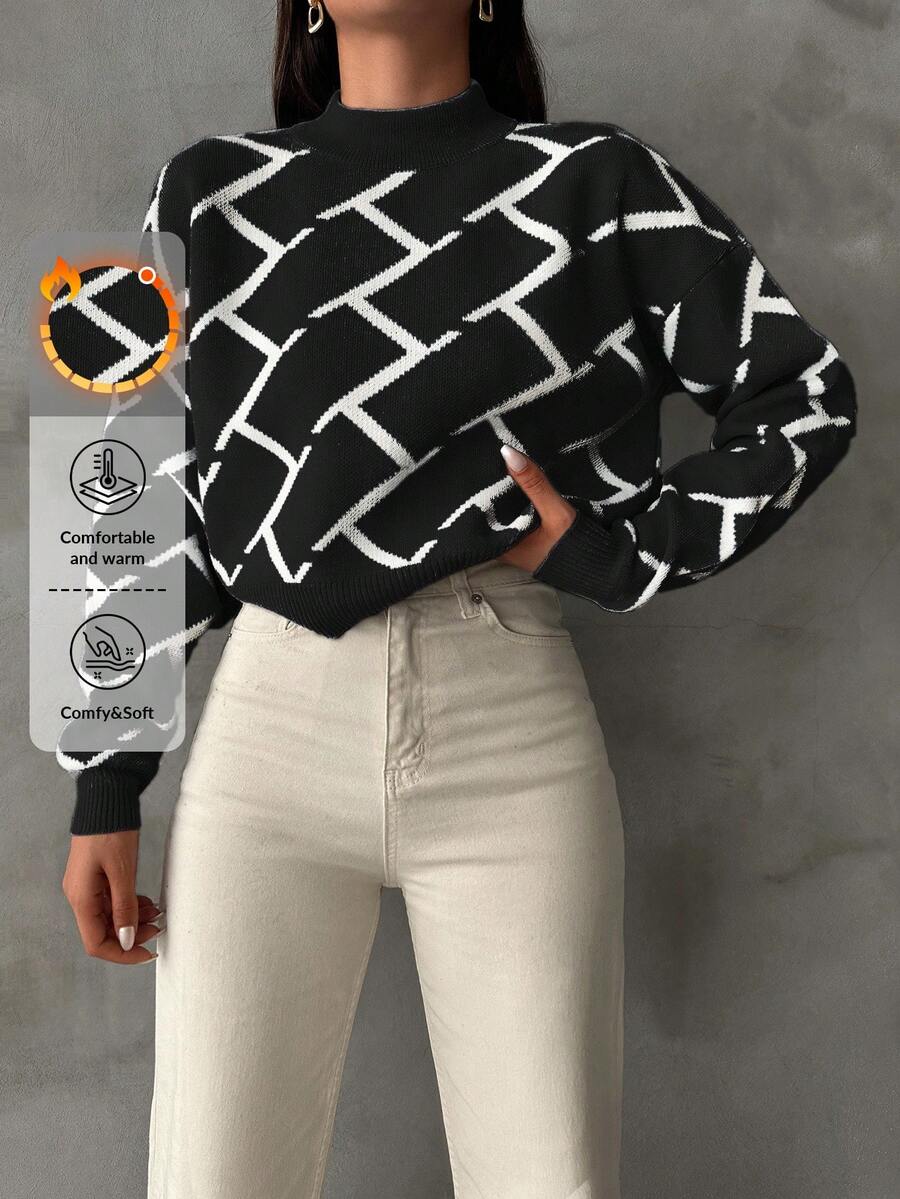 EURMUSE 女士幾何圖案立領長袖毛衣 - 黑色 - 查看 1