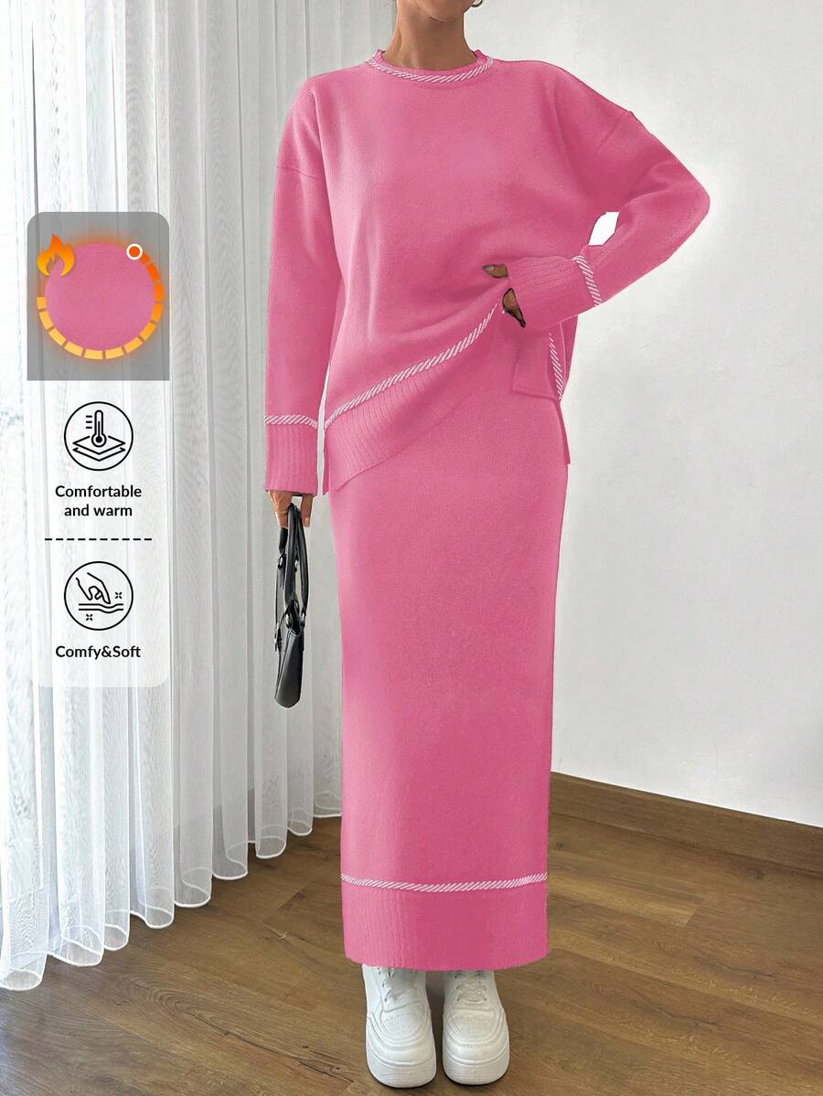 EURMUSE Women Solid Color Round Neck Drop Shoulder Stripe Pattern Pullover & Sweater Skirt Set - Baby Pink - View 1