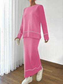 EURMUSE Women Solid Color Round Neck Drop Shoulder Stripe Pattern Pullover & Sweater Skirt Set - Baby Pink - View 5