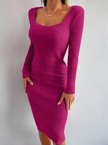 EURMUSE Vestido de punto ajustado de manga larga con cuello en V acanalado de unicolor para mujer en otoño - Rojo violeta - Ver 3