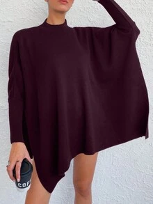 EURMUSE Women's Simple Casual Solid Color Batwing Sleeve Split Hem Sweater, Autumn/Winter - Burgundy - View 4