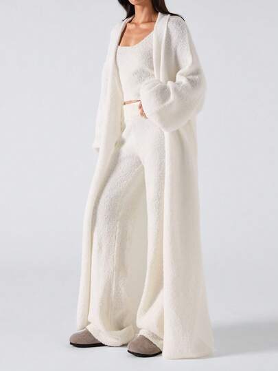 LYSMO 2025新款极简主义冬季女式休闲日常简约白色纯色前开襟长袖开衫，秋冬新年及圣诞节时尚造型