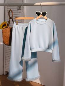 2pcs/Set Tween Girls Solid Color Long Sleeve Top And Pants - Baby Blue - View 1