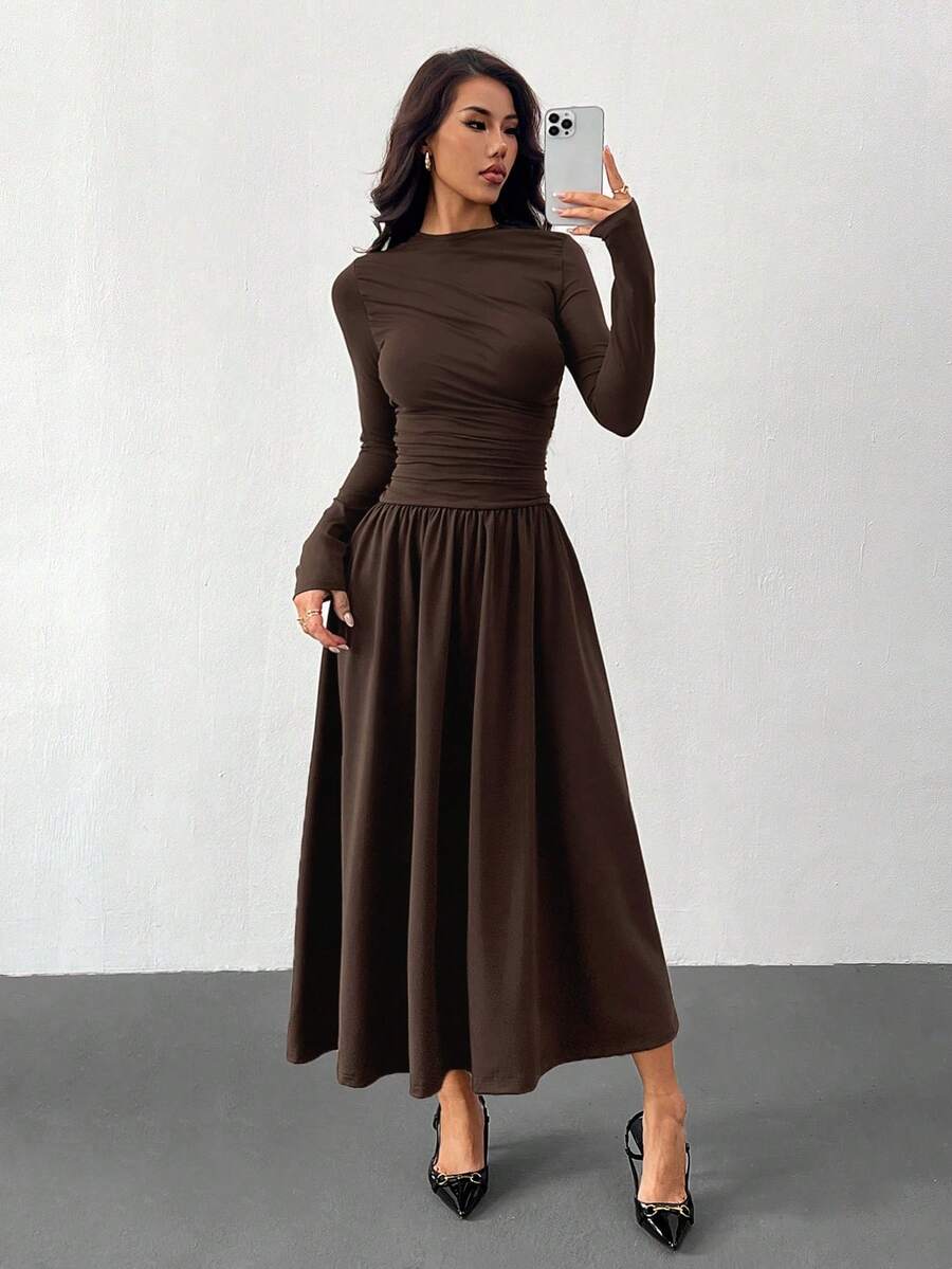 SHEIN PETITE 优雅女士吊带长款蓬蓬裙，适合日常约会、外出、夜店、派对等场合，娇小尺码，秋季款 - 棕色 - 查看 1
