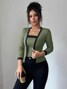 Selianne 2pcs Women Knit Patchwork Elegant Long Sleeve Top And Vest Set - Olive Green - View 5