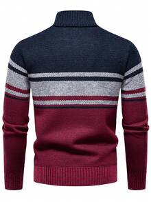 Manfinity Mode Men's Contrast Color Patchwork Fleece Sweater, Autumn/Winter Quarter Zip Sweater Pullover, Long Sleeve Top - Burgundy - View 2