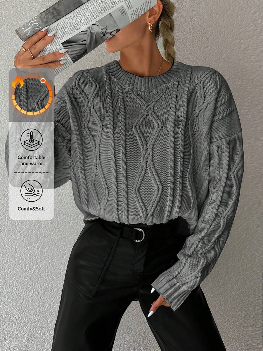 EURMUSE Damski sweter typu casual z okrągłym dekoltem i wzorem Twist w jednolitym kolorze - Ciemnoszary - Zobacz 1