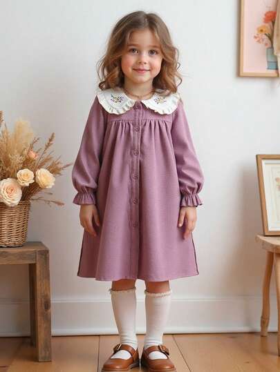 Blossori 少女法式优雅撞色刺绣领粉色长袖连衣裙