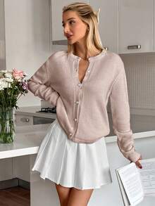 EURMUSE Casual Loose Raglan Cardigan, Solid Color, Autumn/Winter - Dusty Pink - View 5