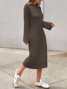 EURMUSE Women's Knitwear Long Dress With Cable Pattern,Petite - Mocha Brown - View 6