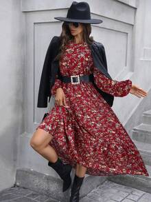 SHEIN LUNE V 领荷叶边喇叭袖层叠下摆 A 字形复古碎花休闲通勤优雅长裙，适合女士，秋冬 - 紅色 - 查看 6