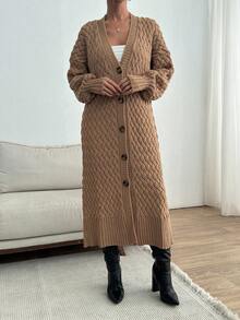 EURMUSE 女士纯色落肩长袖单排扣长款开衫，休闲宽松，秋冬 - 駝色 - 查看 3