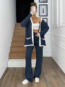 EURMUSE Women Simple Solid Color Patchwork Front Button Long Sleeve Top And Pants Two Piece Set, Casual - Navy Blue - View 4