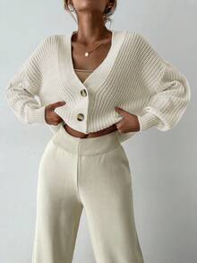 SHEIN Cottnline 女式纯色前扣长袖简约休闲衬衫 - 米色 - 查看 4