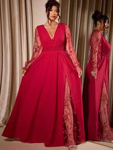 Cravure 大码女式优雅深 V 领蕾丝拼接长袖高开衩连衣长裙，适合毕业典礼、节日、情人节、圣诞节、音乐节、母亲节、万圣节、感恩节、复活节、国庆节、舞会、约会、派对、婚礼、户外活动 - 紅色 - 查看 2