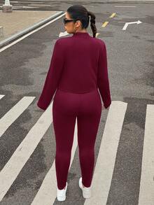 Muchica Plus Size Black Sleeveless Jacket, Elastic Lightweight Yoga Sports 3 Pieces Set - Burgundy - View 2