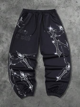 Street Life Pantalones jogger de estilo callejero casual con cordón en la cintura, cadena y estampado de eslogan para hombres