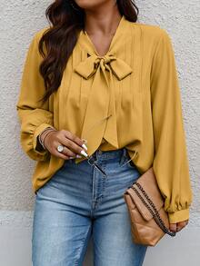 Weeklong Plus Size Casual Solid Color Twist Collar Loose Shirt, Autumn - Mustard Yellow - View 1
