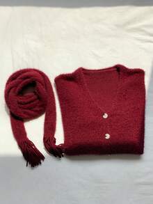 SHEIN EZwear Áo len cardigan cài nút phía trước màu trơn thường ngày dành cho nữ, Thu/Đông - Màu Đỏ Sâu - Xem 7