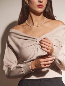 lacRébo Fine Gaunge Metallic Knit Off The Shoulder Jumper With Bow Front Detail Cute Cosy Autumn Winter - Gold - View 1