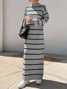 EURMUSE Women Stripe Pattern Round Neck Drop Shoulder Sweater Dress - Light Grey - View 5