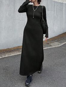 FRIFUL 女式纯黑色长袖镂空后背收腰休闲中长连衣裙，百搭秋冬装 - 黑色 - 查看 2