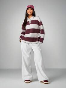 MISSGUIDED Long Sleeve Striped Rugby Sweatshirt With Collared Neckline And Button Closure Casual Pullover Top - Grey - View 3