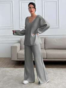 SHEIN PETITE Petite Damen V-Ausschnitt Oversized Pullover und Strick Hose Set