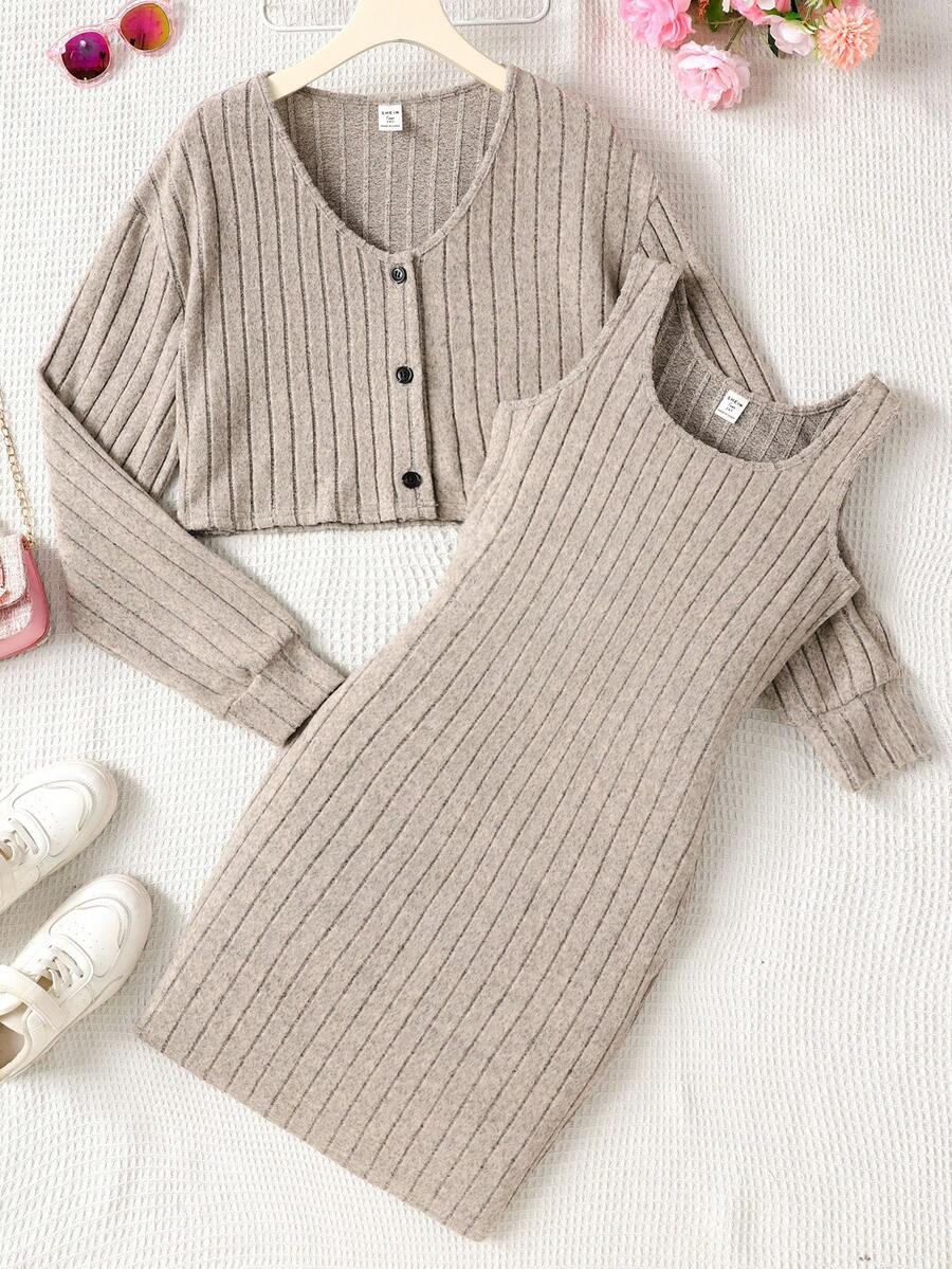 SHEIN Teen Girl Button Front Jacket & Tank Dress - Apricot - View 1