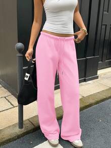 SHEIN EZwear 粉色女式休闲宽松前系带运动裤，适合日常穿着和开学季、秋冬季 - 粉色 - 查看 3