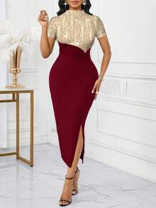 SHEIN Lady 女士时尚派对拼色扭结紧身连衣裙 - 酒紅色 - 查看 6