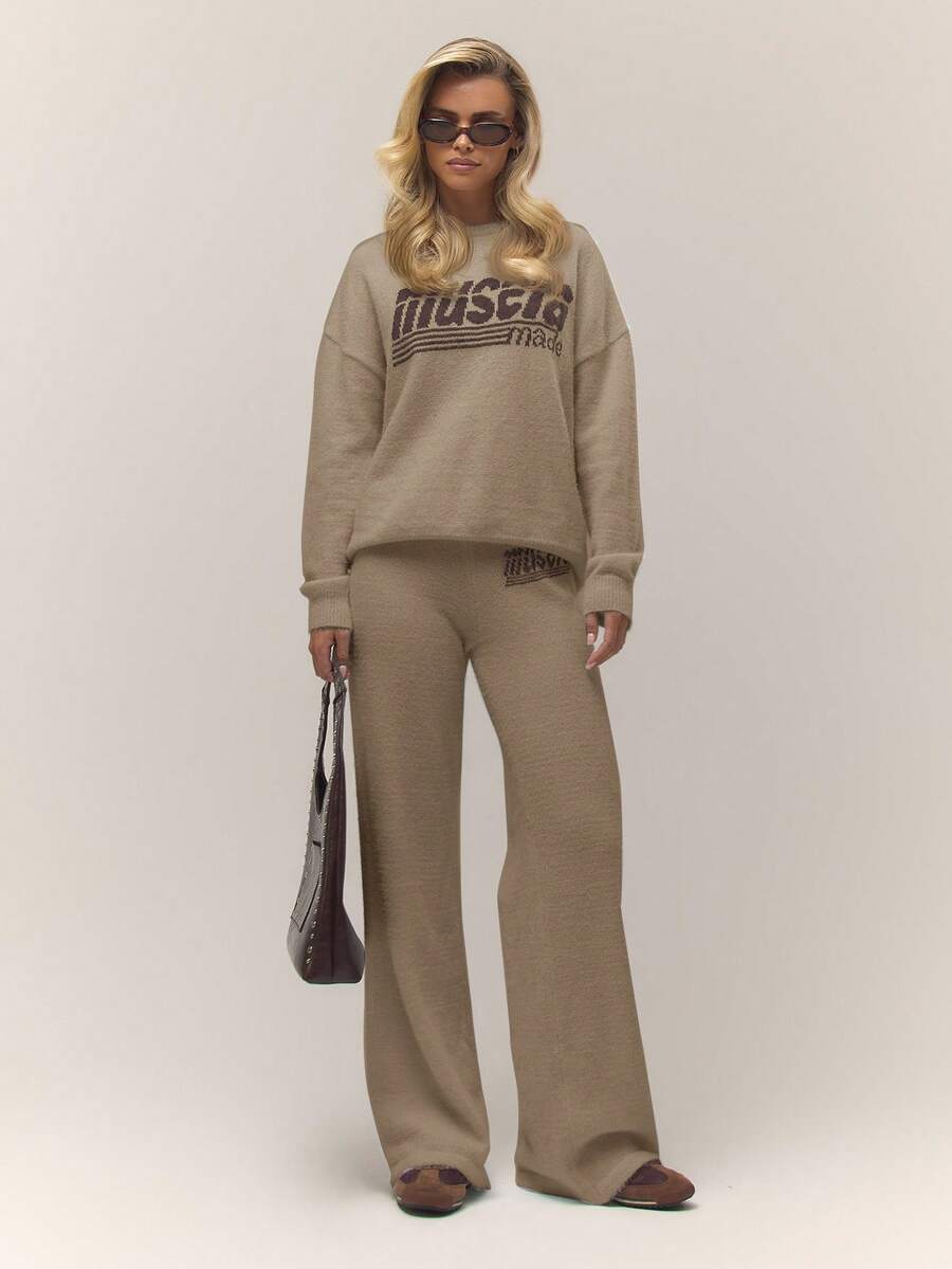 MUSERA 针织阔腿抽绳宽松毛裤，复古乡村风，可爱田园风，返校休闲居家女装，奶油糖色，春季款 - 棕色 - 查看 1