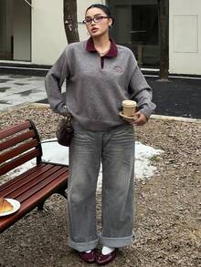 Dazy Plus Plus Size Letter Embroidery Colorblock Crew Neck Loose Knit Sweater For Women, Autumn/Winter - Grey - View 4